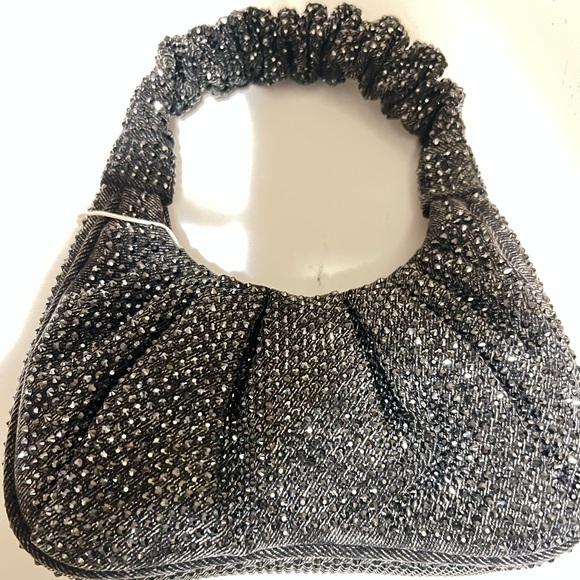 JW PEI Handbags - JW PEI Black Glam Gabi Rhinestone Black Ruched Textured Hobo Shoulder Bag::NWT::